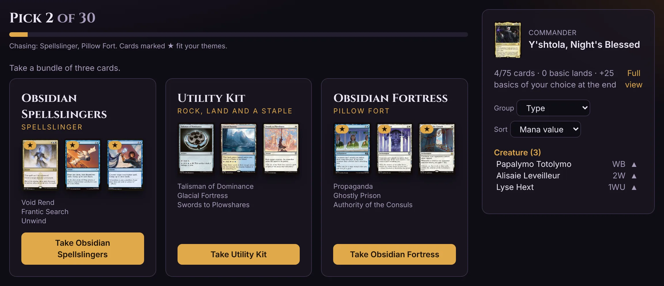 A RoguEDH bundle pick for Y'shtola, Night's Blessed: Obsidian Spellslingers (Void Rend, Frantic Search, Unwind), a Utility Kit (Talisman of Dominance, Glacial Fortress, Swords to Plowshares) and Obsidian Fortress (Propaganda, Ghostly Prison, Authority of the Consuls)